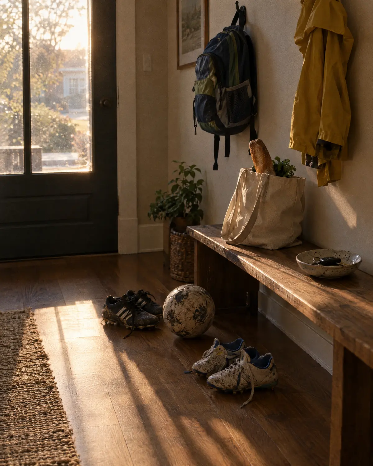 A front hall at the end of the day: soccer cleats kicked off, a ball, a backpack on a hook.