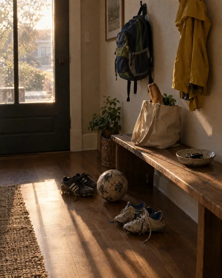 A front hall at the end of the day: soccer cleats kicked off, a ball, a backpack on a hook.
