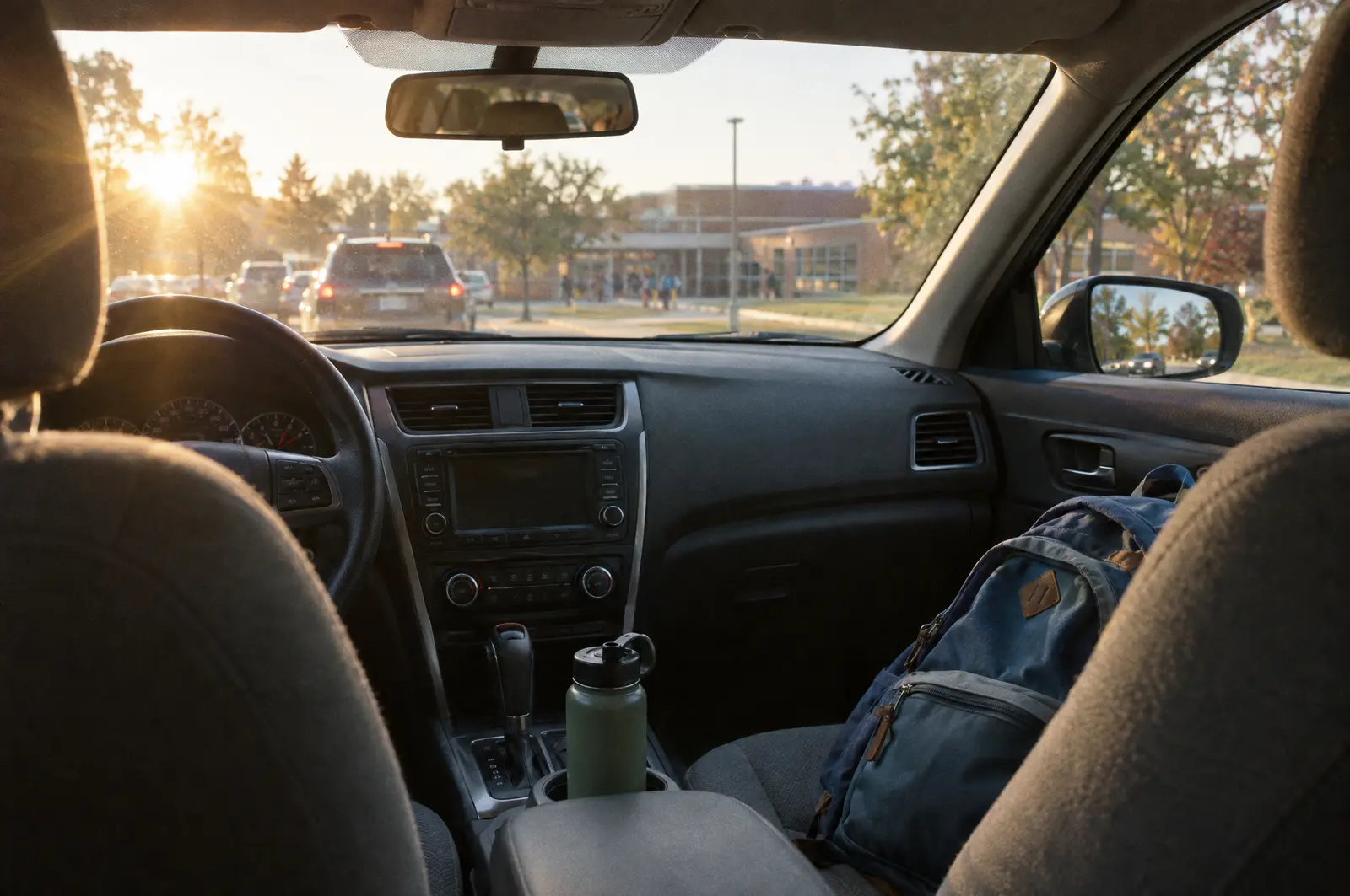 The school pickup line seen from inside a car, late afternoon sun on the windshield.